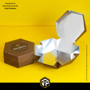 premium hexagon biryani packaging with silver lamination